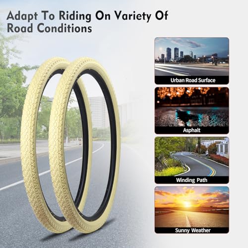 HUIOK 26x2.125 Bike Tires - Folding Beach Cruiser Replacement with Tubes & Levers, Cream