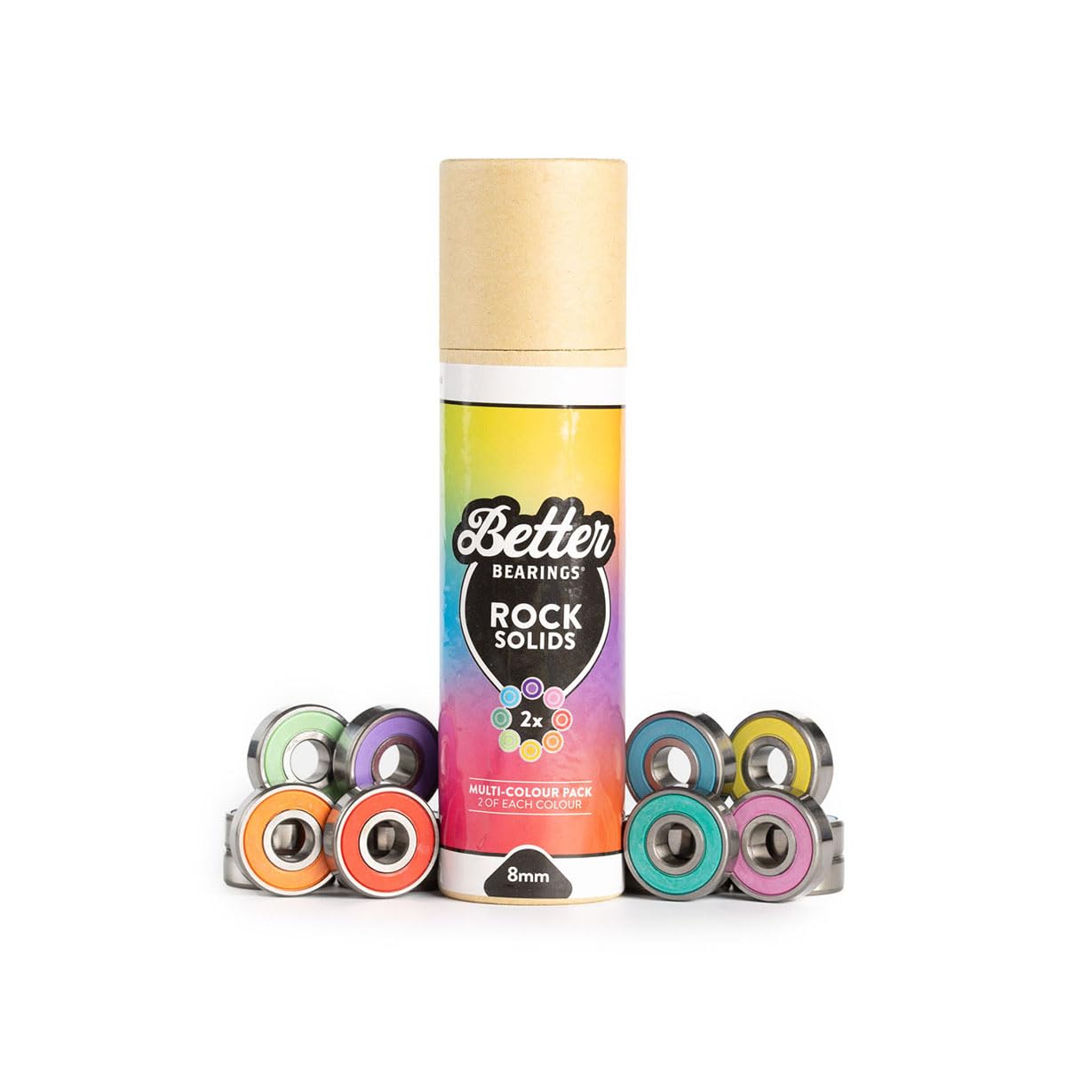 Better Bearings - Rock Solids, Roller Skate Bearings, 16 Pack, Quad Skates, ABEC 9 Rated, Hardwearing, Tough, Long Lasting, Pre Lubed, Replaceable Rubber Shields, Women Supportive, 8mm, Multi