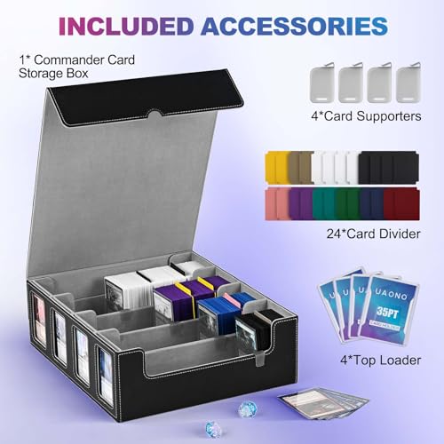 UAONO 4-Row Trading Card Storage Box with Commander Display, Black & Gray