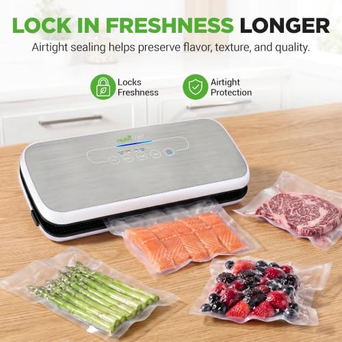 NutriChef Silver Automatic Vacuum Food Sealer with Starter Kit, Compact & Easy to Use