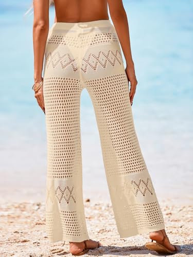 Womens Crochet Swimsuit Coverup Pants - Striped A-apricot Large