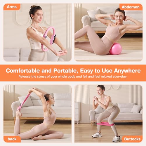 Pilates Kit - 13-Piece Home Workout Set with Ring & Ball - Pink