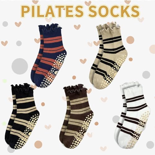 Non-Slip Striped Yoga Socks for Women - 3 Pairs, Size 5-9, White/Khaki/Navy Blue