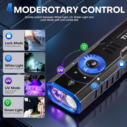 TUOWEE Black Large Rechargeable 1000 Lumens Tactical EDC Flashlight with UV, Digital Display