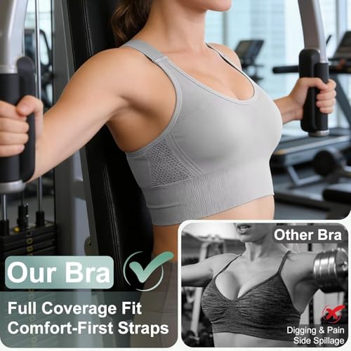 Adjustable Sports Bras for Women High Support Padded Racerback Medium Black/White/Silver Grey