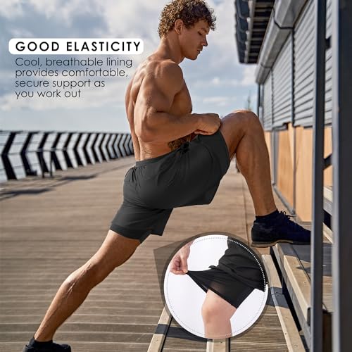 2-in-1 Men's Athletic Running Shorts - Workout Gym Training - Medium Black