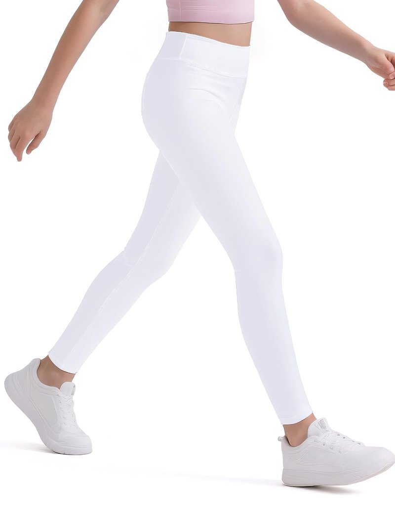 HASMES Girls Athletic Leggings High Waisted Comfort Soft Elastic Yoga Dance Running Pants with Pockets Activewear White