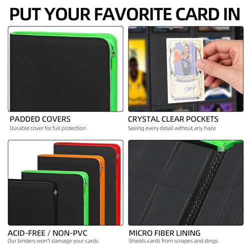 FootJKYX Black Fluorescent Green Light Trading Card Storage Album 9-Pocket, 360 Card Capacity