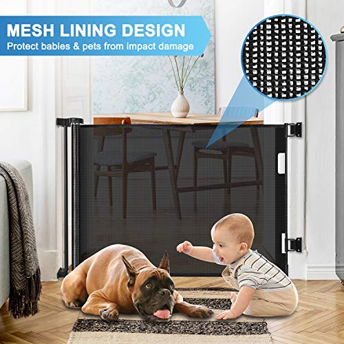 56 Inch Retractable Baby Gates for Doorways Retractable Dog Gate Outdoor Gates for Decks Indoor Long Baby Gate Retractable Pet Gate, Child Gate for Stairs, Porches, Black