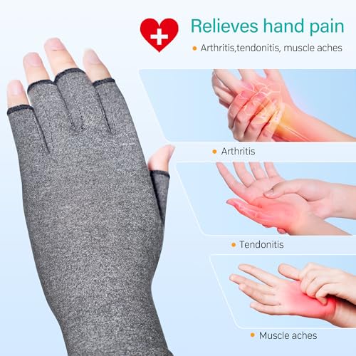 Compression Arthritis Gloves - Fingerless Hand Support - Black & Grey Medium