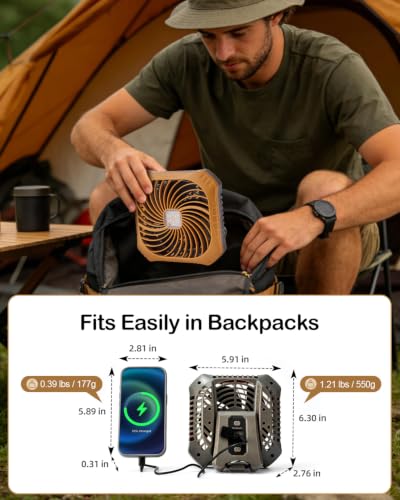 Odoland Brown Camping Fan with LED Lantern, Rechargeable Tent Fan 40H