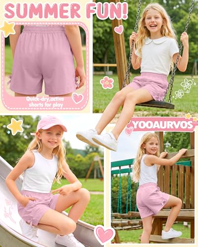 Girls Quick Dry Athletic Shorts - Relaxed Fit - Pink, 11-12 Years