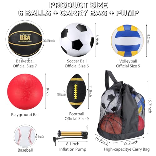 Libima 6 Pcs Sport Ball Set – Mixed Official Sizes for Teen & Adults, Includes Pump & Bag