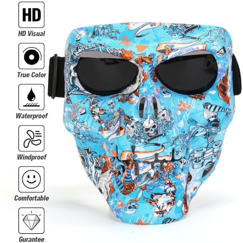 Blue Spooky Skull Face Mask for Airsoft, Painted Motor Racing Goggle-Protected