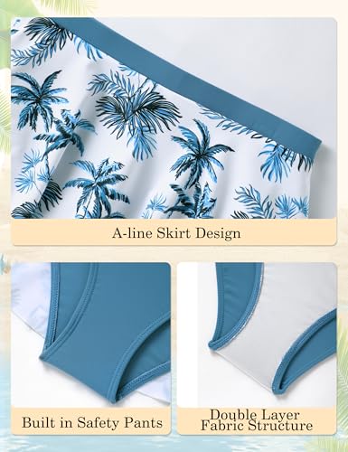 Girls 2-Piece Swimsuit Set - Adjustable Strap & High-Waisted Swim Skirt - Light Blue Palm Leaf Print, 7-8 Years