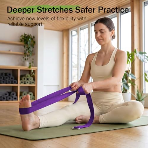 Yoga Strap for Stretching - 8 Feet Cotton with Adjustable D-Ring Buckle - Purple