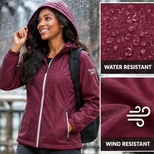 Reebok Women's Maroon Lightweight Rain Jacket - Large Full-Zip Hooded Coat with Pockets