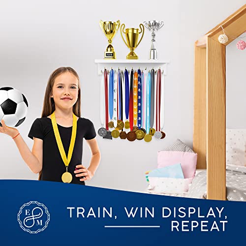 Wooden Medal Hanger with Trophy Shelf and Hooks for Awards Display