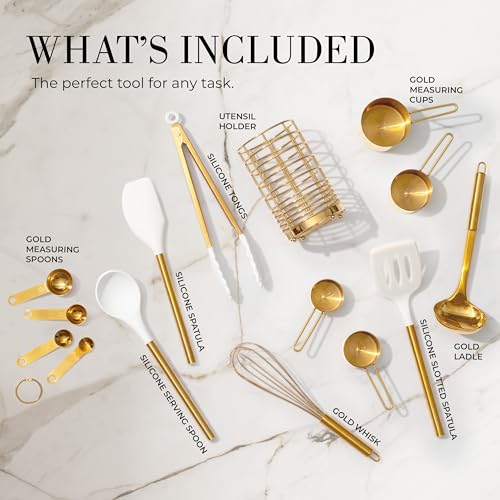 Styled Settings 15-Piece White & Gold Kitchen Utensils Set with Holder