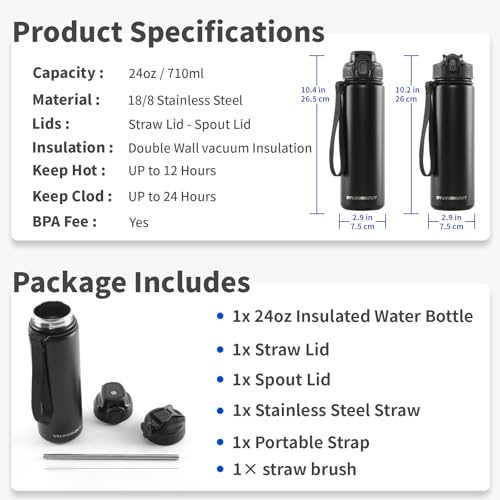 BYLWORKOUT 24oz Insulated Stainless Steel Water Bottle with Straw & Chug Lid