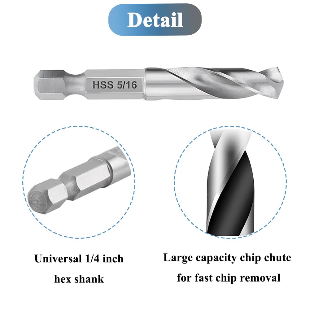 Teocpai 5Pcs 1/4'' Hex Shank Stubby Drill Bit Set for Metal, HSS M2 for Quick Change 3/32, 1/8, 3/16, 1/4, 5/16 Inch
