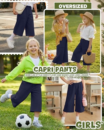 Girls' Wide Leg Capri Pants - Casual Summer Sweatpants with Pockets