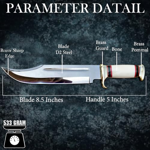 RISING CRAFTS Bone Crocodile Dundee Bowie Knife 14-inch Mirror Polished Hunting & Survival Knife with Leather Sheath – Outdoor Tactical Gift for Men