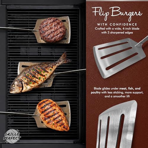 Grille Perfect 24-inch Long Handle BBQ Spatula - Heavy Duty Stainless Steel, Curved Hardwood Handle for Grilling & Outdoor Kitchen, Grilling Spatula