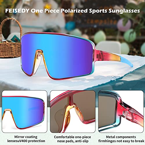 FEISEDY Polarized Oversized Sports Sunglasses for Men Women Youth - Blue Mirror Lens, 71mm, Transparent Blue Red Frame
