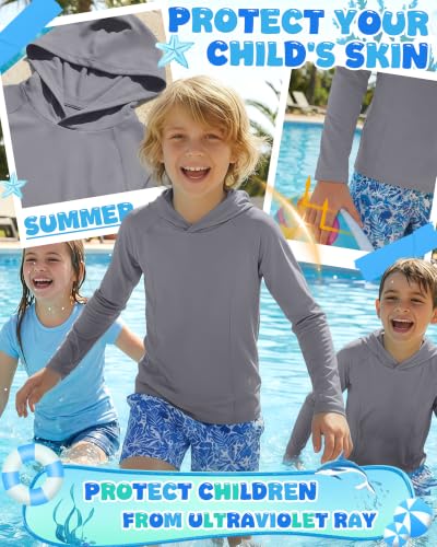 Boys Long Sleeve Rash Guard Hoodie UPF50+ - Gray, 7-8 Years