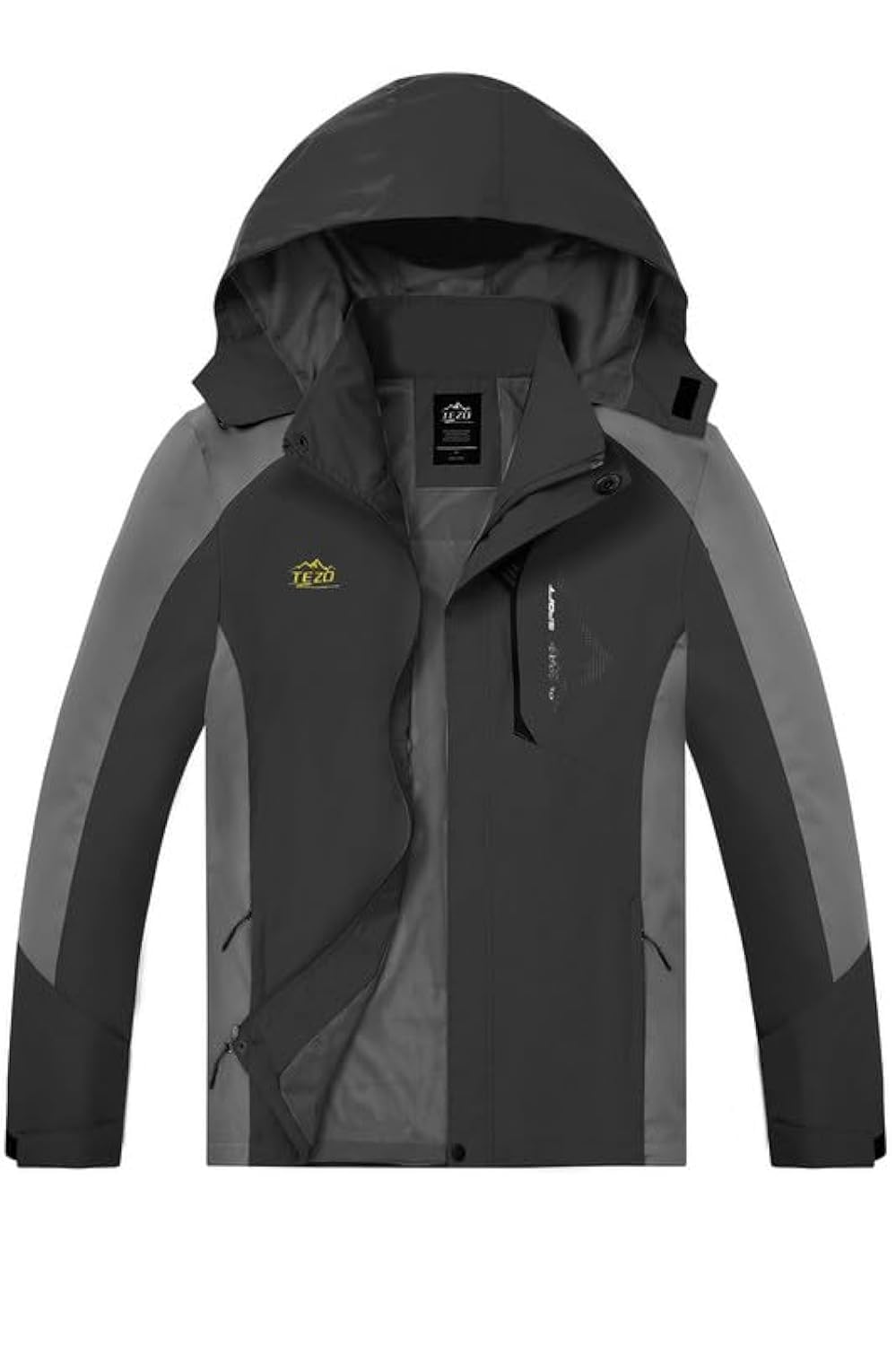 TEZO Mens Rain Jacket Waterproof with Hooded Hiking Coat Lightweight Windbreaker(BK/GY XL)