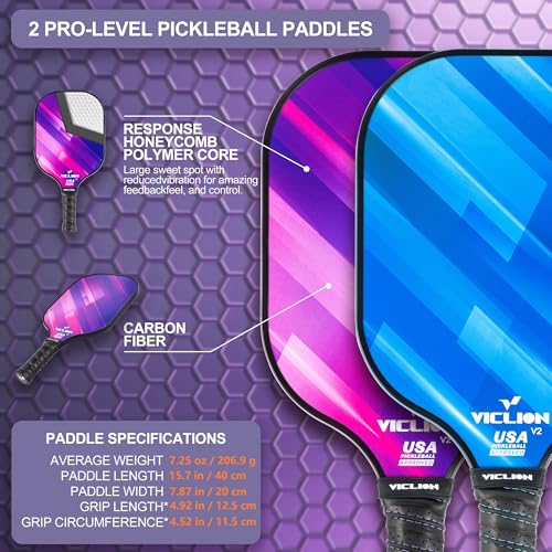 VICLION 2-Pack USA Pickleball Paddles with Balls, Carry Bag — Blue & Purple, Carbon Fiber T300