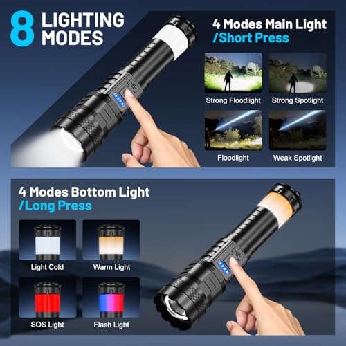 Earrck Rechargeable Flashlight High Lumens - 3000 Lumens Waterproof Police Flashlight, Zoomable Beam LED Flash Light with 8 Modes and SOS for Emergencies, Home, Camping, Hiking, Pet Walking(Black)