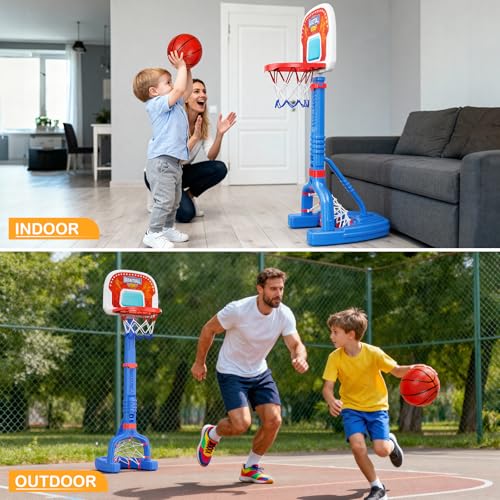 FLMAQE Toddler Adjustable 2-in-1 Basketball Hoop & Soccer Goal - Blue+Red, 4 Balls, Indoor & Pool