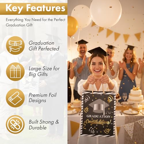 Large Graduation Gift Bags with Handles - 3-Pack Foil Embellished
