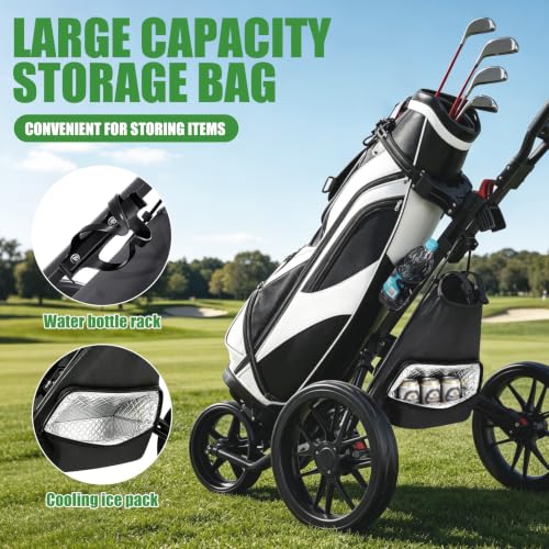 Golf Push Cart with Brake, Adjustable Handle & Cooler Bag