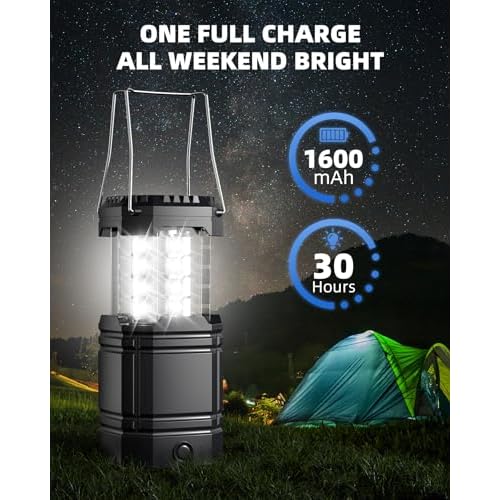 4 Pack Solar Camping Lantern with 1600mAh Rechargeable Battery, 30-Hour Runtime, 360¡Æ LED Tent Light & Super Bright Flashlight, Compact & Portable for Hiking, Emergency, Outdoor