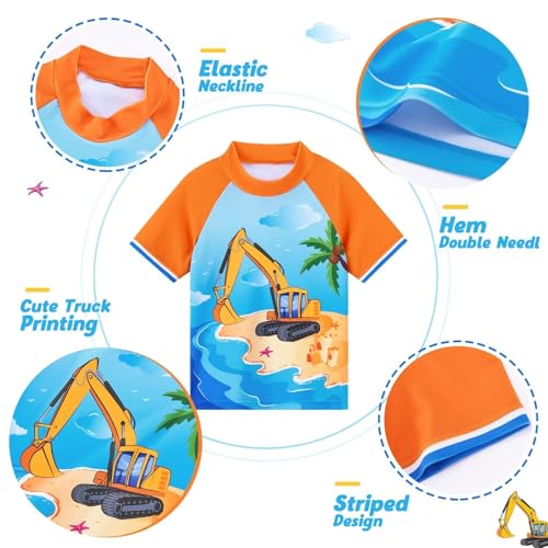 Kids Boys 2-Piece Shark Swimsuit with Rash Guard & Trunk - Yellow Truck 4-5T