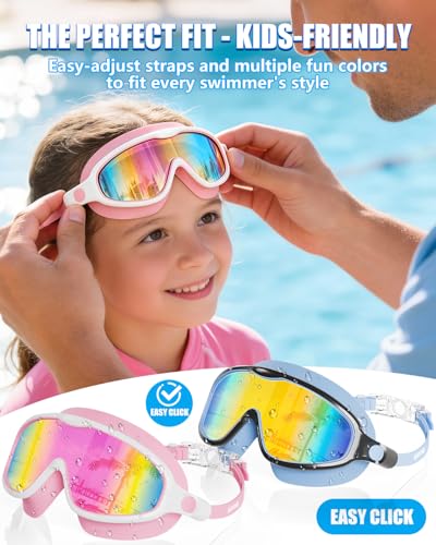 Aegend Kids Swim Goggles Wide Frame Anti-Fog Pink & Blue for Ages 3-14