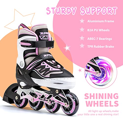 2PM SPORTS Cytia Girls Adjustable Light-Up Inline Skates Pink Medium Kid Size 13C-3US