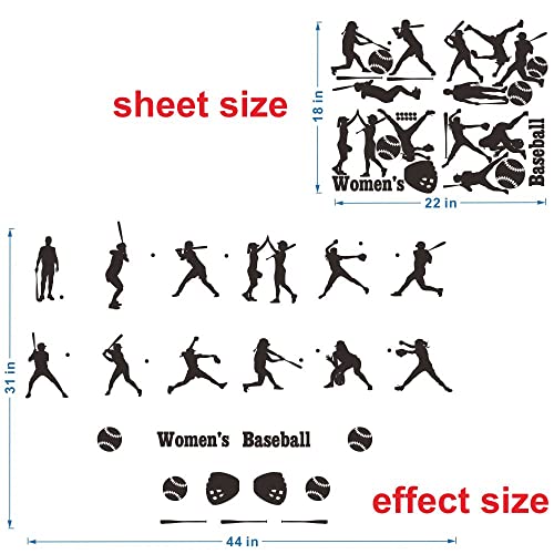 Women's Baseball Wall Sticker-12 Action Silhouettes of Female Players-Softball Pitcher and Batter Decals-Removable PVC Wall Art for Baseball Lovers for Sports Enthusiasts-31 x44 Inch(JWH199-black)