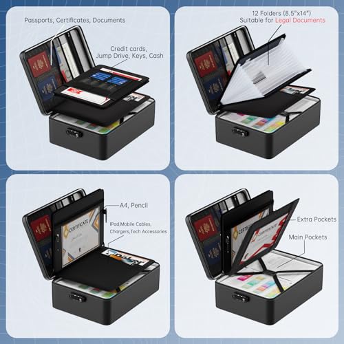 5200¢µ Fireproof Document Bag, Insulated Document Box with Lock, Important Document Organizer with Waterproof Zipper, Portable Soft Home Travel Office Safe Storage for Legal/Letter/A4 Files,Black