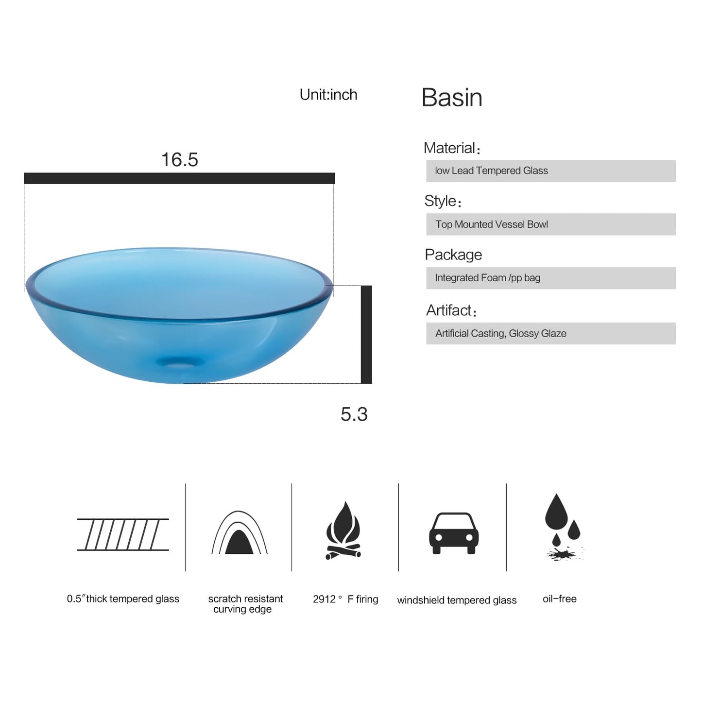 Bathroom Vessel Sink, Tempered Glass Vanity Round Bowl with Chrome Faucet and Pop up drain Set, Blue