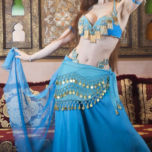 Belly Dance Hip Scarf - 3-Layer Gold Coin Design - Lake Blue