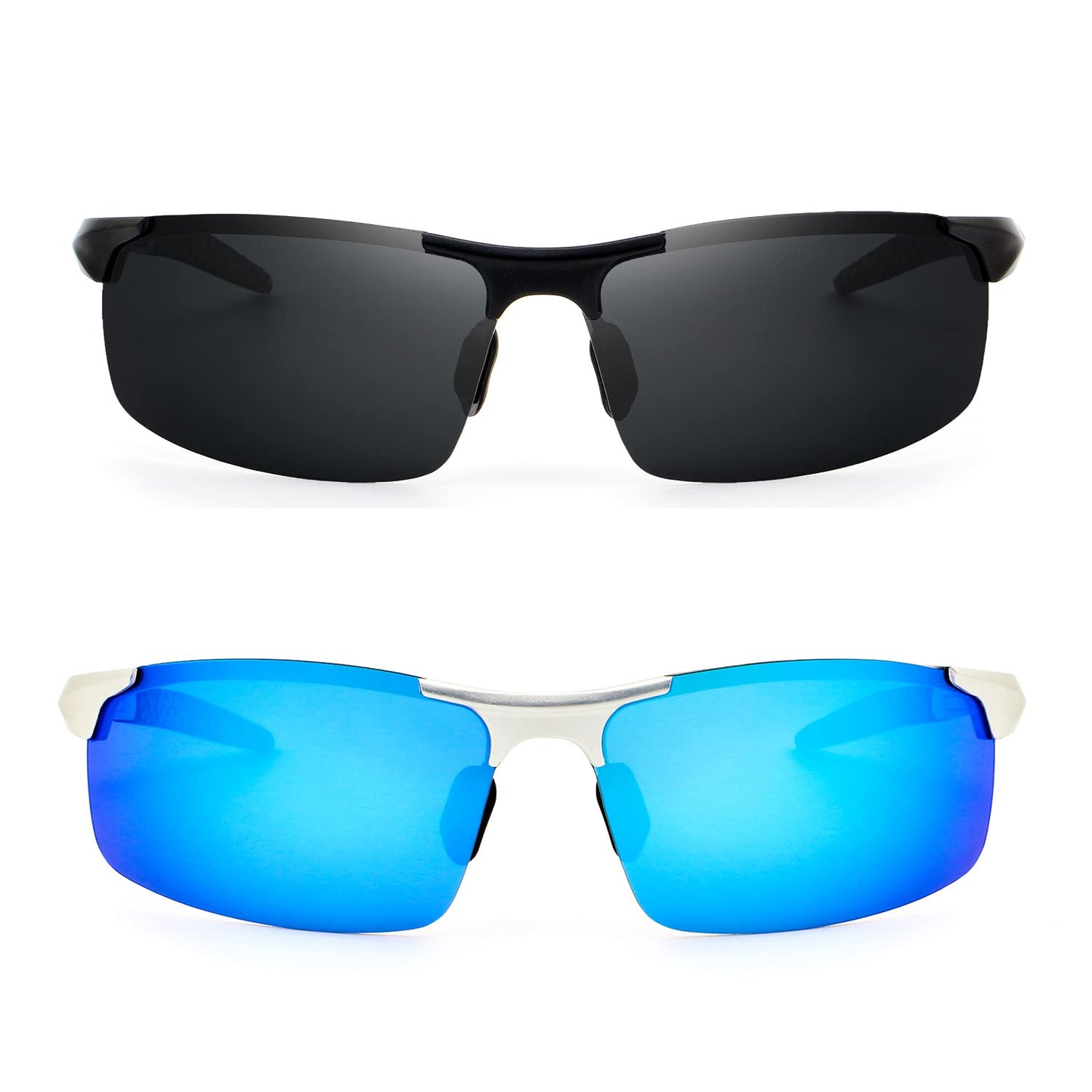 RONSOU Men Sport Al-Mg Polarized Sunglasses Unbreakable for Driving Cycling Fishing Golf Black Frame Gray Lens Silver Frame Blue Lens