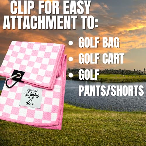 Against The Grain Pink Microfiber Golf Towel 12x20 with Clip – Women’s Golf Accessory