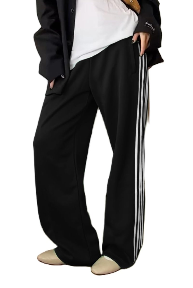 UAURORAO Women Y2k Wide Leg Track Pants Baggy Striped Joggers Sweatpants Elastic Waist Color Block Parachute Pants with Pockets(Striped Black,Small)