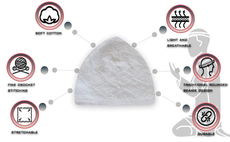 Kufi Hat for Men - White Prayer Cap, Comfortable Skullcap