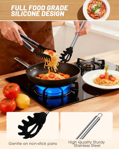 Spaghetti Spoon and Pasta Tong with Grip Teeth Drain Holes, 2-Piece