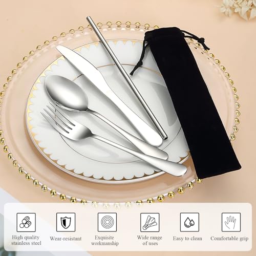 Stainless Steel Camping Utensil Set - 4-Piece Flatware with Black Storage Bag